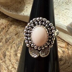 Sterling Silver Leaf Beaded Ring with Pink Opal Stone